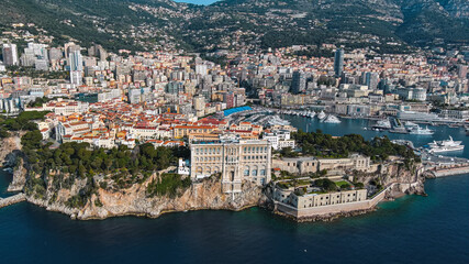 Aerial view of The Oceanographic Museum in Monaco Ville, South France. Prince Palace on the rock in...
