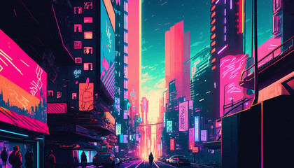 a vividly colorful and futuristic virtual reality metaverse cityscape, stretching out as far as the eye can see, Created with generative Ai Technology.
