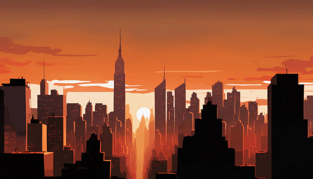 Night-time panorama of the New York City skyline, Sunset with orange skies and outlines of skyscrapers, rooftop view of New York City buildings, Created with generative Ai Technology.