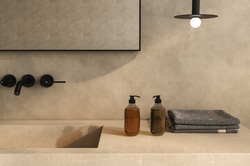 Chic bathroom setup with soap dispensers, towels, plant, black-framed mirror, pendant light, and beige walls. Ideal for showcasing your products in a stylish and modern setting. 3d rendering	