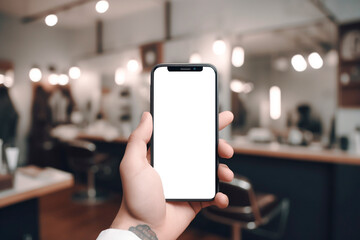 Hand holding phone with white screen and blurred background of a barber shop. Concept mockup for app, site, logo... Generative AI