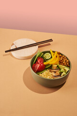 vegan bowl with mushrooms on beige background