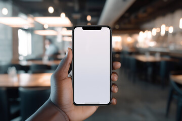 Hand holding phone with white screen and blurred background of a restaurant. Concept mockup for app, site, logo... Generative AI