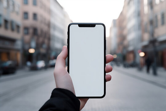 Hand holding phone with white screen and blurred background of a street. Concept mockup for app, site, logo... Generative AI