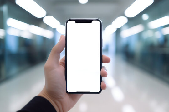 Hand holding phone with white screen and blurred background of a modern office. Concept mockup for app, site, logo... Generative AI