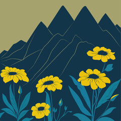 Scenic view of yellow wildflowers with mountains in the background
