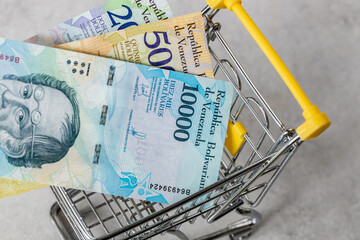 Financial concept, Venezuelan inflation level, store prices, Empty shopping cart and Venezuelan money - obrazy, fototapety, plakaty