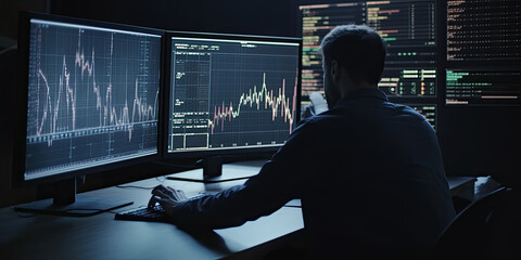 Fototapeta na wymiar Businessman analyzing stock market data on computer screen. Investment and trading concept, Generative AI Illustration