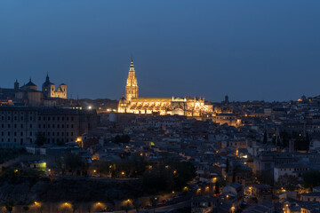 Fototapeta na wymiar Toledo, Spain - April 9, 2023: Panoramic view of the city of Toledo at night, The Cathedral