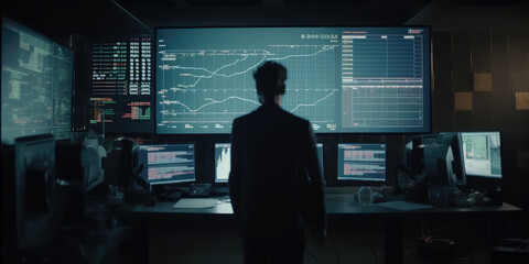 Businessman analyzing stock market data on computer screen. Investment and trading concept, Generative AI Illustration