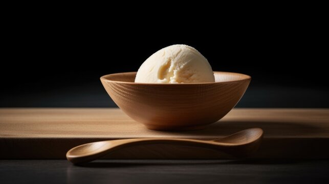 Minimalist Closeup of a Scoop of Vanilla Ice Cream in a Japanese Style Wooden Bowl. With Licensed Generative AI Technology Assistance.