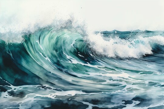 Watercolor painting of soft sea waves, in abstract style. Generative AI
