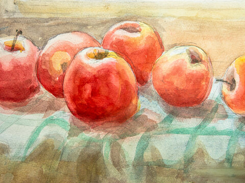 Red apples on table, watercolor painting. Watercolor on paper texture. Texture of watercolor painting.