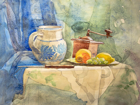 Jug, coffee grinder and fruit on the table, watercolor painting. Watercolor on paper texture. Texture of watercolor painting.