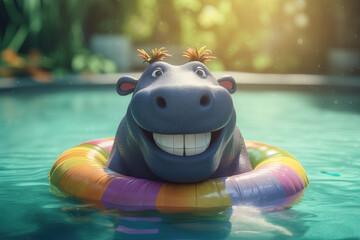 Happy hippo chilling on an inflatable pool float in a swimming pool. Summer holidays concept. Generative AI - obrazy, fototapety, plakaty