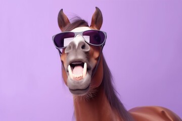 funny portrait goggles colourful animal fun background smile horse art sunglasses. Generative AI.