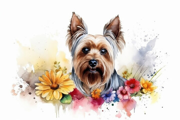 Watercolor painting of a beautiful yorkshire terrier in a colorful flower field. Ideal for art print, greeting card, springtime concepts etc. Made with generative AI.