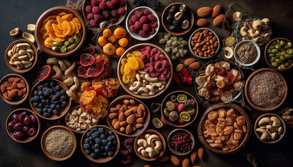 Healthy bowl of fresh fruit and nuts generated by AI