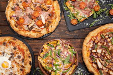 Close-up of asorted dished, pizza, nachos, focaccia 