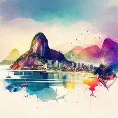 Foto op Plexiglas Aquarelschilderij wolkenkrabber Rio De Janeiro in watercolor style by Generative AI