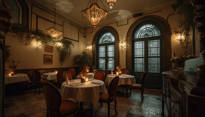Fototapeta na wymiar Luxury dining room with rustic decor illuminated generated by AI
