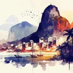 Deurstickers Aquarelschilderij wolkenkrabber  Rio De Janeiro in watercolor style by Generative AI