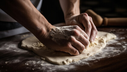 Handmade bread dough kneaded on wooden table generated by AI