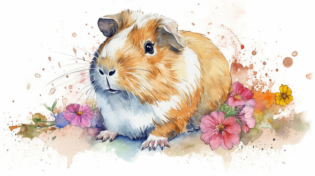 Watercolor painting of a cute guinea pig in a colorful flower field. Ideal for art print, greeting card, springtime concepts etc. Made with generative AI.
