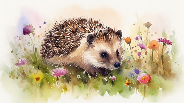Watercolor painting of a cute hedgehog in a colorful flower field. Ideal for art print, greeting card, springtime concepts etc. Made with generative AI.