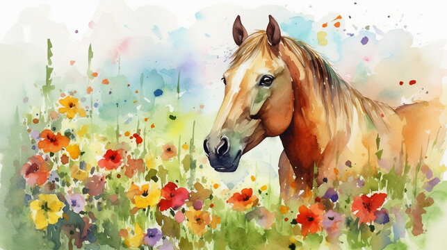 Watercolor painting of a beautiful brown horse in a colorful flower field. Ideal for art print, greeting card, springtime concepts etc. Made with generative AI.