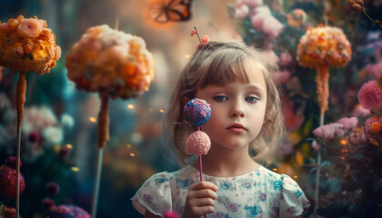 Cute toddler holding flower, enjoying nature beauty generated by AI