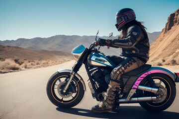 a woman in leather riding a motorcycle on a desert road - Generative AI