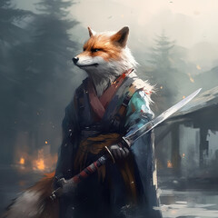 A Fox in a Traditional Shounen Pose with a Sword
 Generative AI - obrazy, fototapety, plakaty