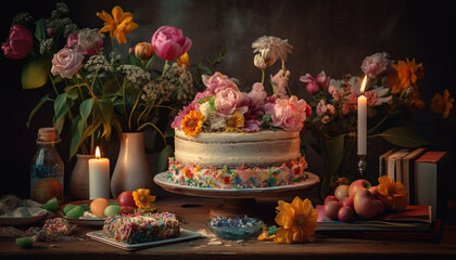 Fototapeta na wymiar Sweet decorations adorn table for birthday celebration generated by AI