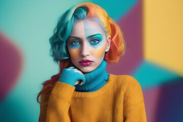 a woman with colorful hair and makeup - Generative AI