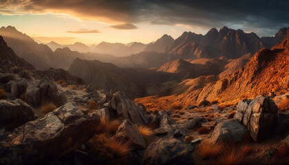 Obraz premium Majestic mountain range towers above tranquil forest generated by AI