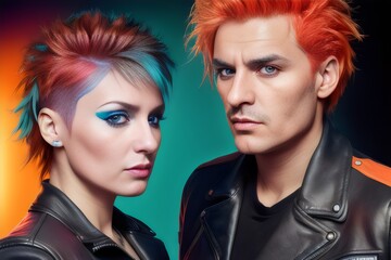 a man and woman with colorful hair - Generative AI
