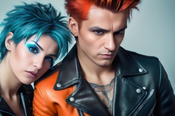 a young couple with colorful hair and leather jackets - Generative AI