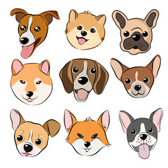 Set of dog faces Hand drawn isolated vector illustration in doodle style on white background.