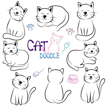 doodle Cat poses. Cartoon red fat striped cats emotions and behavior. Animal pet kitten playful, sleeping and scared. Cat body language vector set. Illustration pet cat, cute striped animal kitten