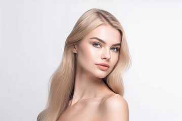 Naklejka premium Beauty Woman Face Portrait. Beautiful spa model Girl with perfect fresh clean skin. blonde woman looking at the camera. Young people and skin care concept.Generative AI