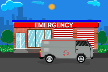 Ambulance near the hospital. Vector graphics.