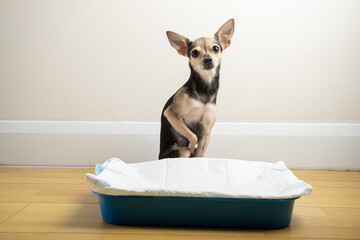 dog diaper, small cute dog sits at the tray with an absorbent napkin