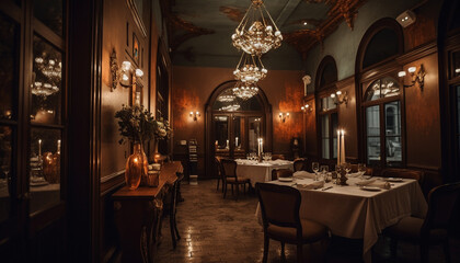 Fototapeta na wymiar Luxury dining room with elegant chandelier lighting generated by AI