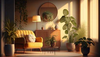 Modern living room with plants at golden hour, AI generated