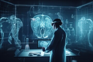 Doctor with virtual reality in operation room in hospital.Surgeon analyzing patient heart testing result and human anatomy on technological digital futuristic virtual interface - Generative AI