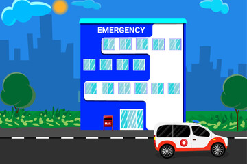 Ambulance near the hospital. Vector graphics.