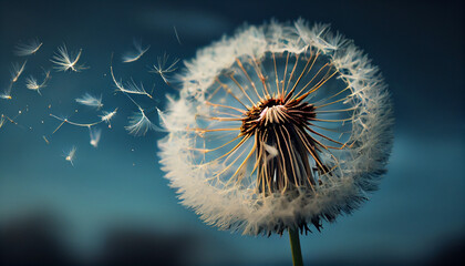 Beautiful Dandelion With Seeds Blowing Away Blue Sky on background Ai generated image