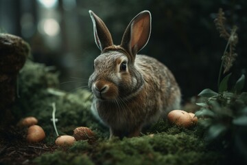 Fototapeta na wymiar Amusing rabbit in green woods celebrates Easter. Generative AI