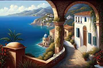Mediterranean dream, beautiful landscape with the blue sea, illustration AI